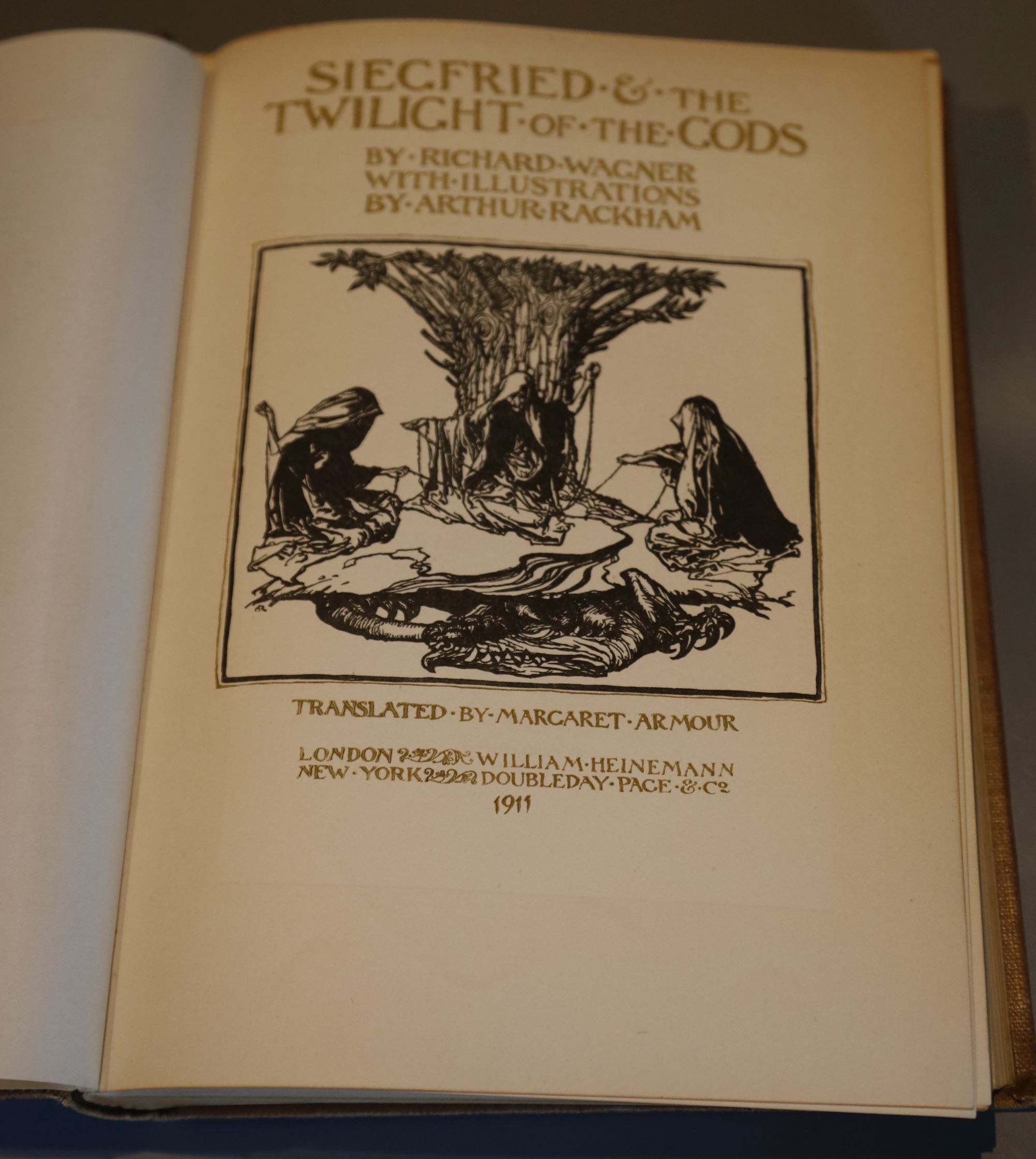 Wagner, Richard - Siegfried and the Twilight of the Gods, illustrated by Arthur Rackham, qto, tan cloth, with gilt pictorial upper boar